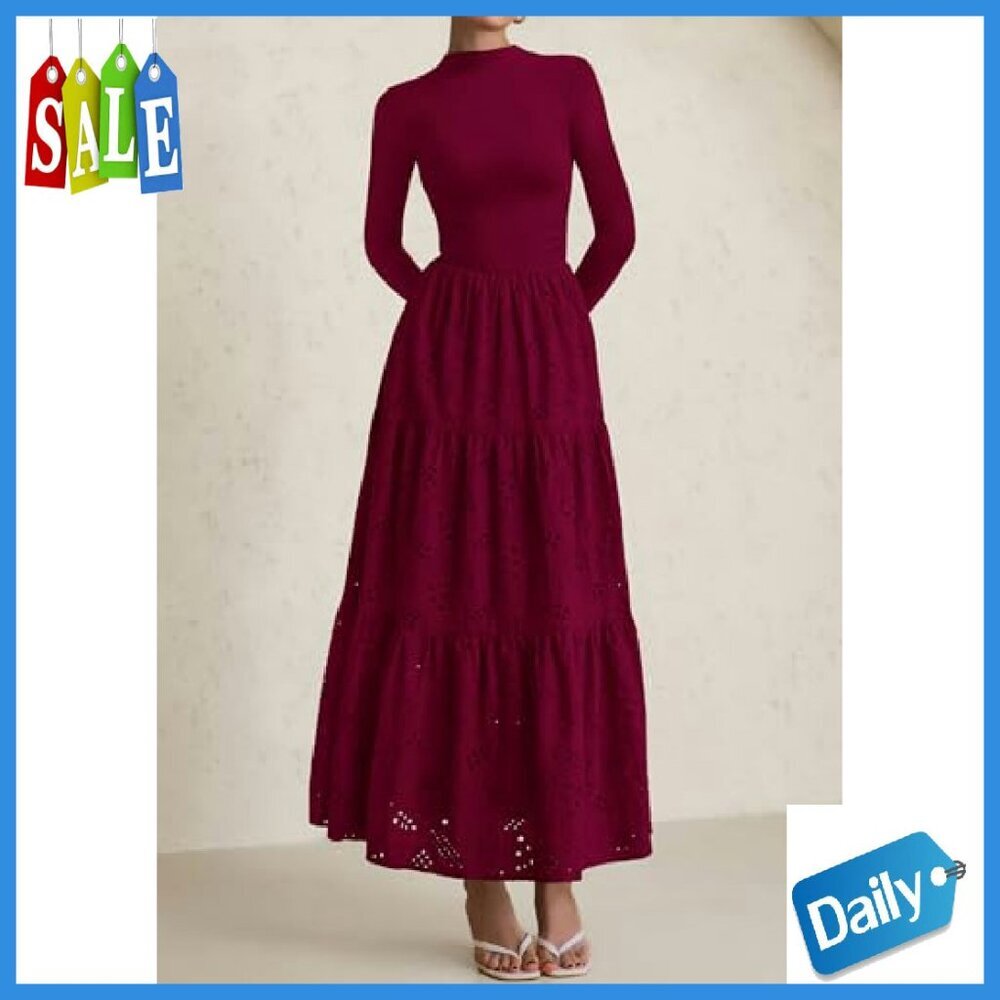 Long Sleeve Maxi Dress Mock Neck Eyelet Embroidery A-Line Wedding Guest - Picture 5 of 8